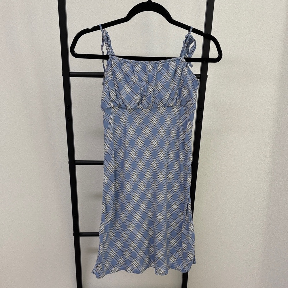 Hollister Blue Plaid Tie-Strap Mini Sundress| Smoked Back| Babydoll Dress
